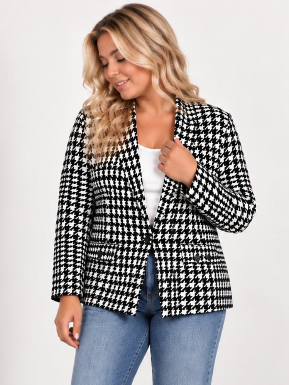 BELLDINI Black Label Houndstooth Ponte Knit Blazer Black & White XLP NWOT